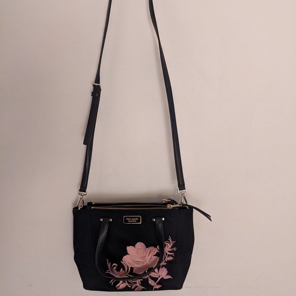 Kate Spade - Black Crossbody Mini Bag w/ Pink Floral Embroidery & Gold Hardware - Picture 1 of 6